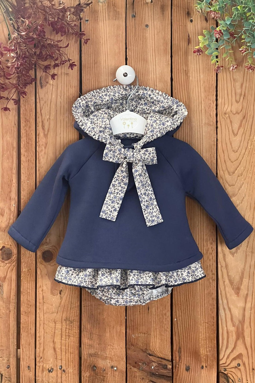 Valentina Bebés "Ramona" Dusky Blue Vintage Floral Hoodie & Skort - Millie and John