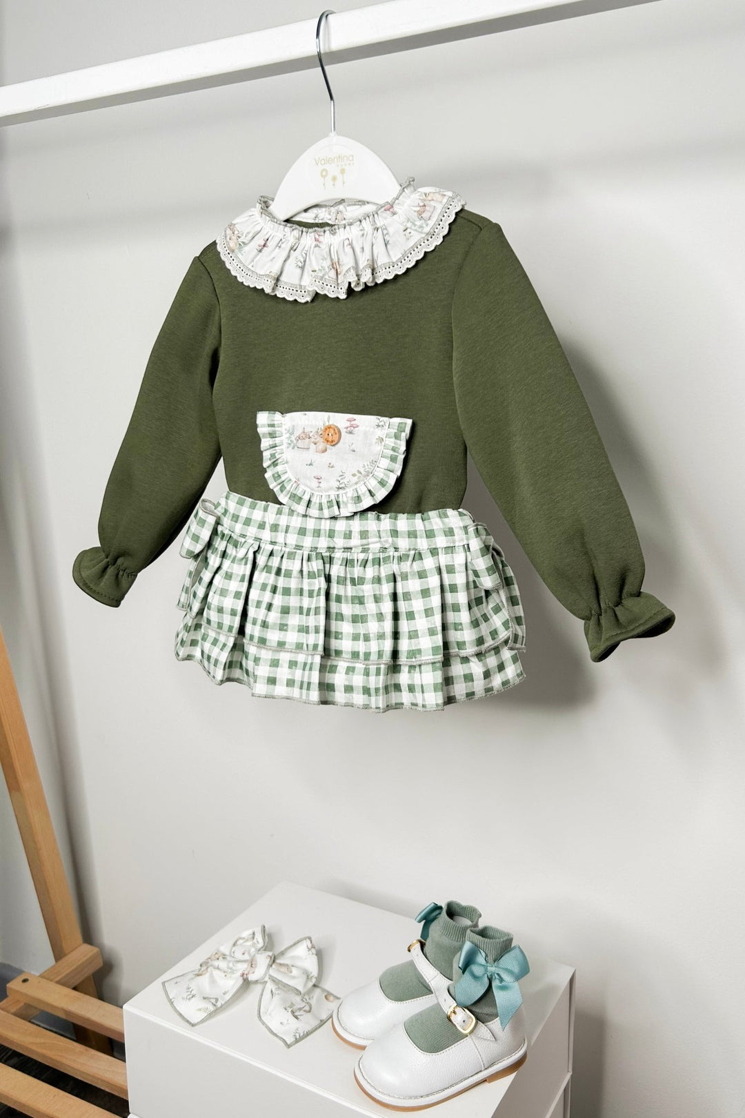 Valentina Bebes "Rosalind" Khaki Sweatshirt & Gingham Skort - Millie and John