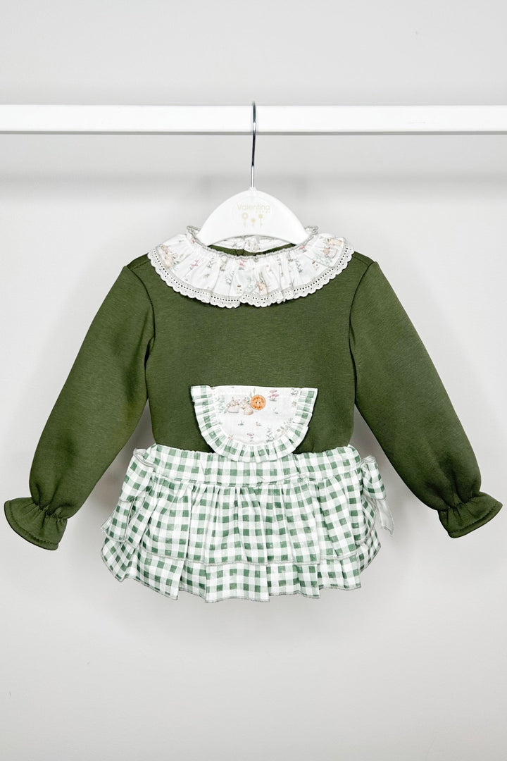 Valentina Bebes "Rosalind" Khaki Sweatshirt & Gingham Skort - Millie and John