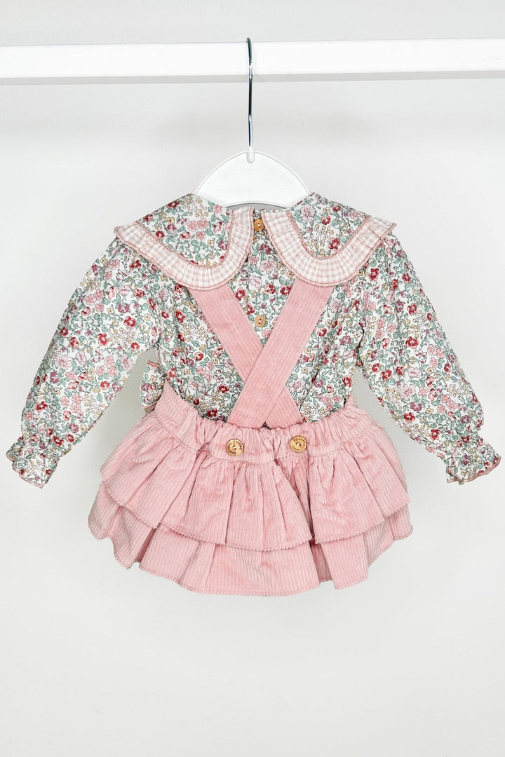 Valentina Bebes "Rose" Dusky Pink Floral Blouse & Cord Pinafore Skirt - Millie and John
