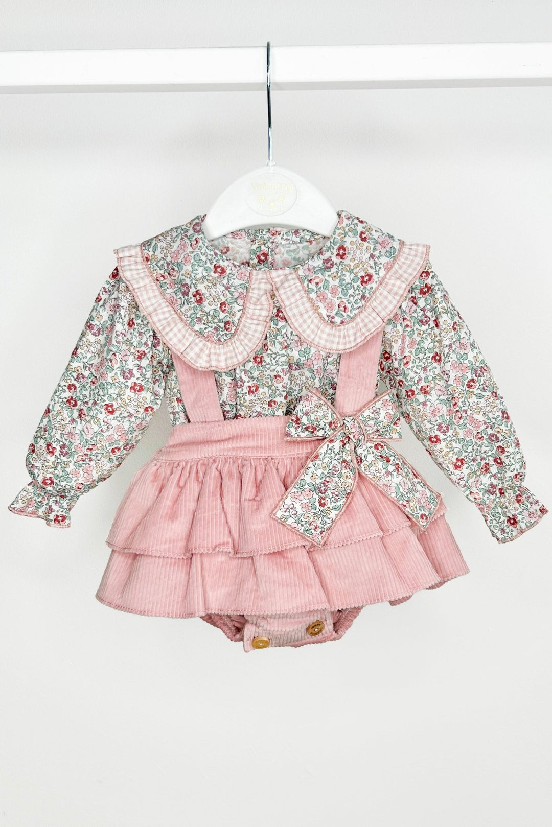 Valentina Bebes "Rose" Dusky Pink Floral Blouse & Cord Pinafore Skirt - Millie and John