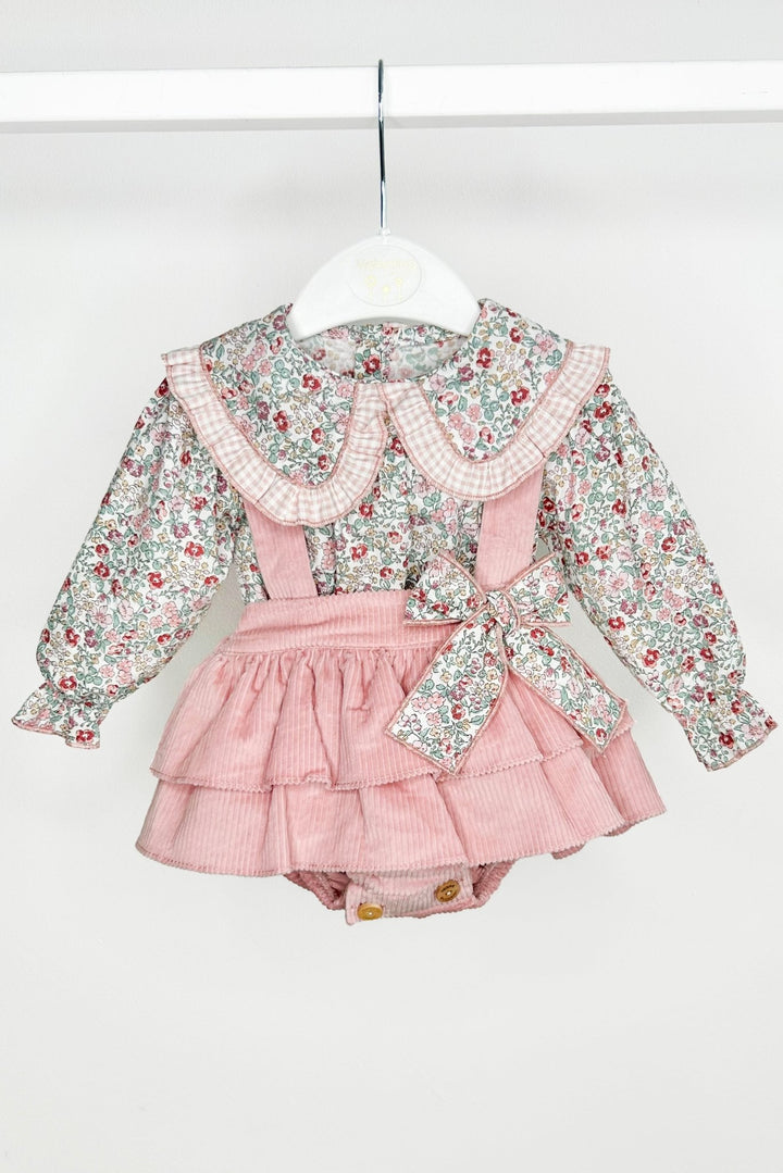 Valentina Bebes "Rose" Dusky Pink Floral Blouse & Cord Pinafore Skirt - Millie and John
