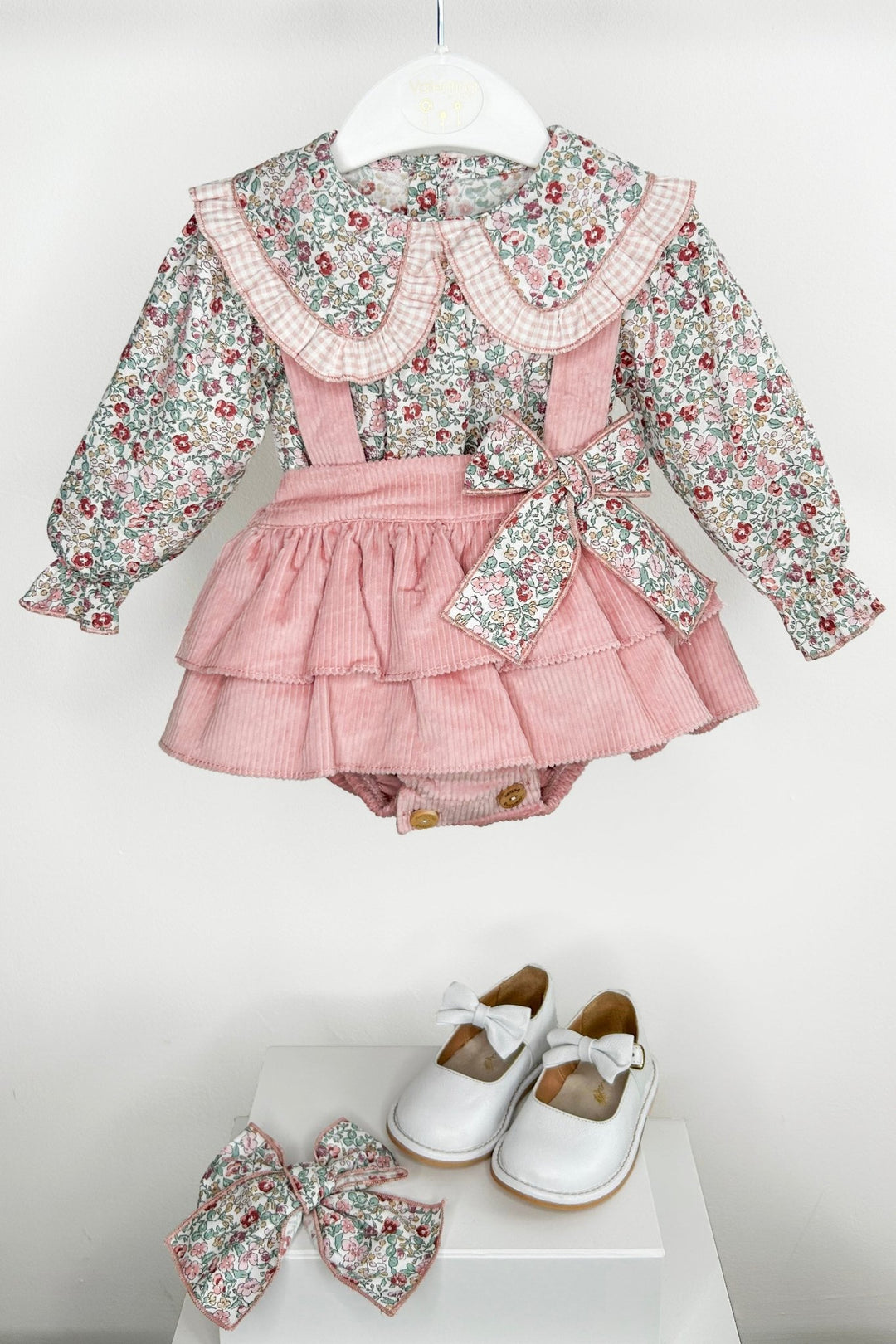 Valentina Bebes "Rose" Dusky Pink Floral Blouse & Cord Pinafore Skirt - Millie and John