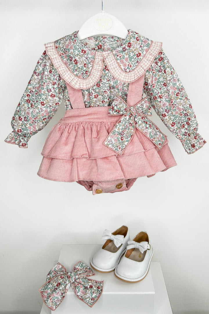 Valentina Bebes "Rose" Dusky Pink Floral Blouse & Cord Pinafore Skirt - Millie and John