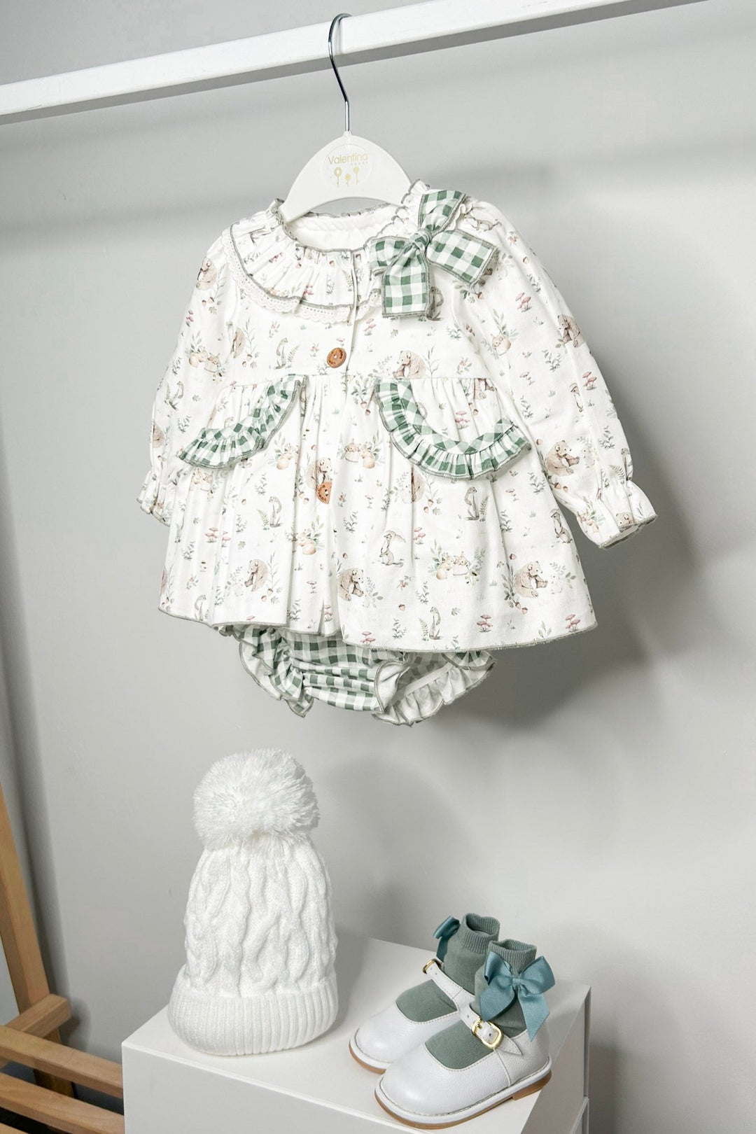 Valentina Bebes "Roxanne" Khaki Bunny Print Dress & Bloomers - Millie and John