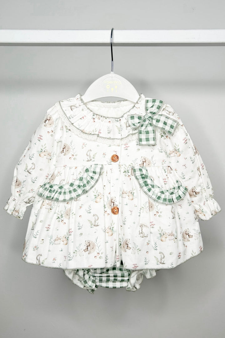 Valentina Bebes "Roxanne" Khaki Bunny Print Dress & Bloomers - Millie and John