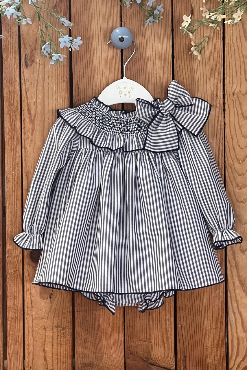 Valentina Bebés "Ruby" Navy Striped Smocked Dress & Bloomers - Millie and John