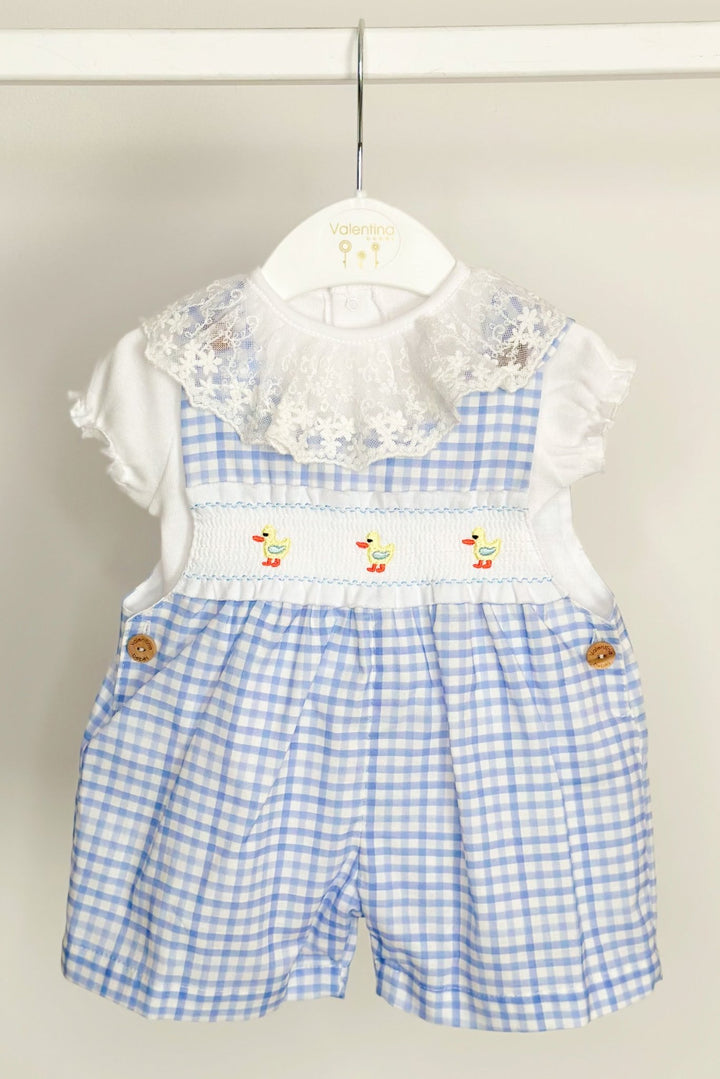 Valentina Bebés "Sammie" Blue Gingham Smocked Duck Dungarees - Millie and John