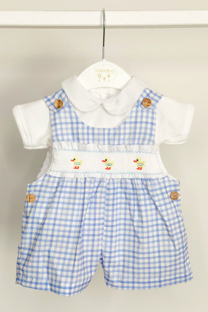 Valentina Bebés "Sammie" Blue Gingham Smocked Duck Dungarees - Millie and John