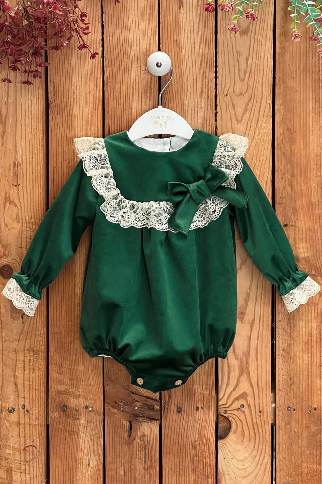 Valentina Bebés "Sienna" Emerald Green Velvet Lace Romper - Millie and John