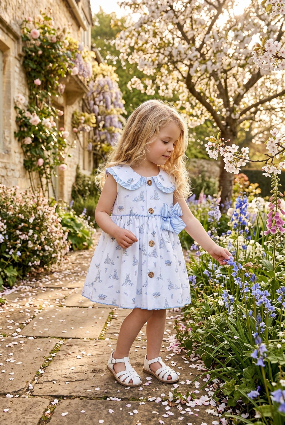 Valentina Bebés "Thea" Blue Bunny Print Dress & Bloomers - Millie and John