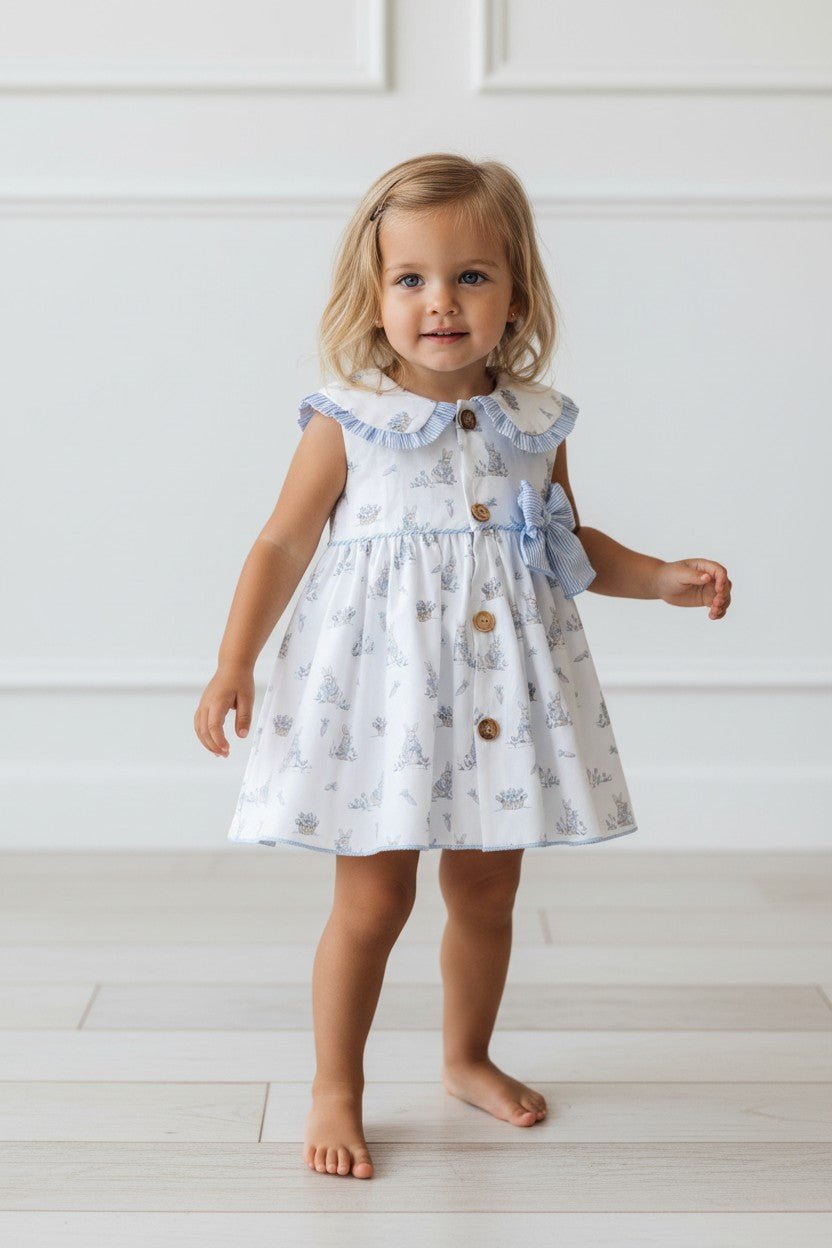 Valentina Bebés "Thea" Blue Bunny Print Dress & Bloomers - Millie and John