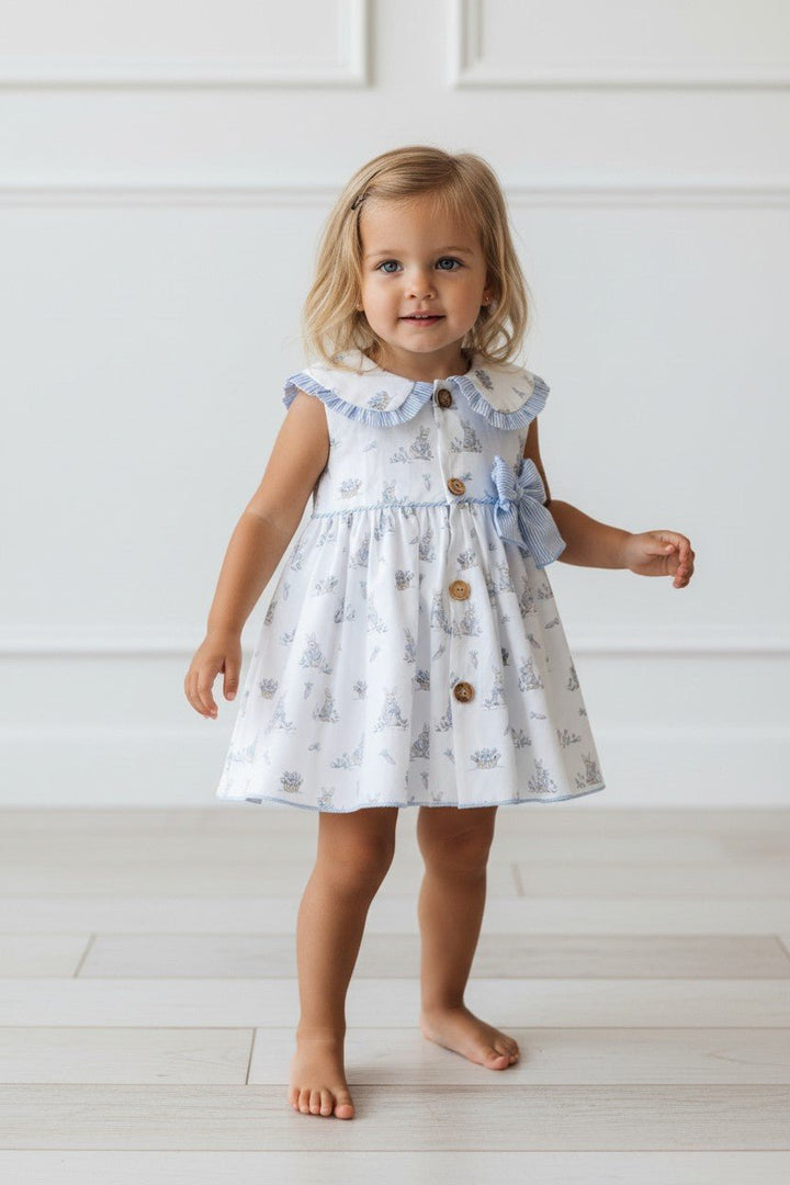 Valentina Bebés "Thea" Blue Bunny Print Dress &amp; Bloomers - Millie and John