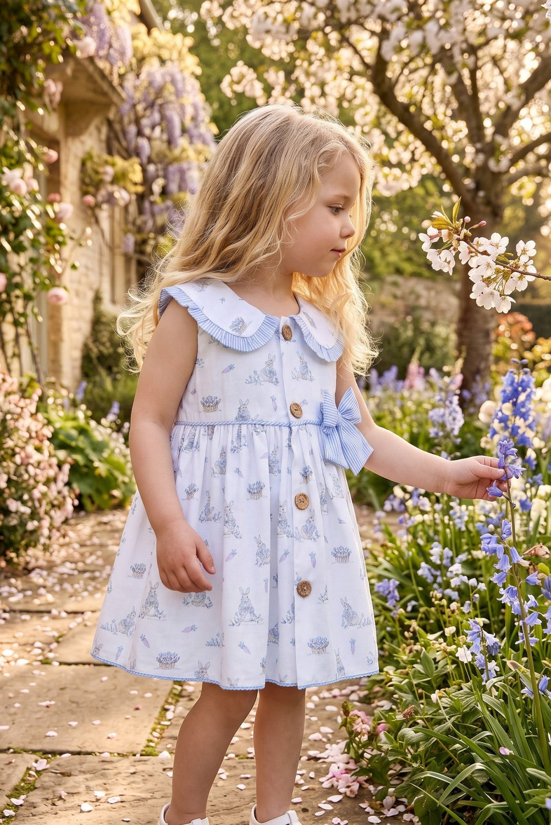 Valentina Bebés "Thea" Blue Bunny Print Dress &amp; Bloomers - Millie and John