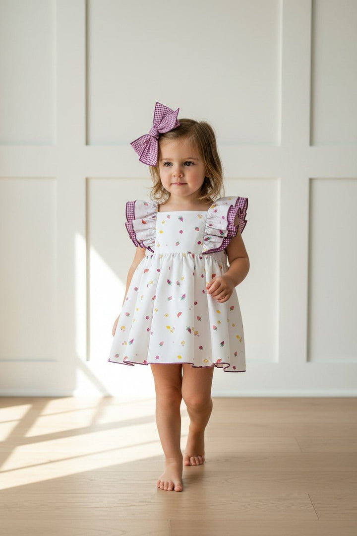 Valentina Bebés "Vera" Purple Gingham Fruit Dress &amp; Bloomers - Millie and John