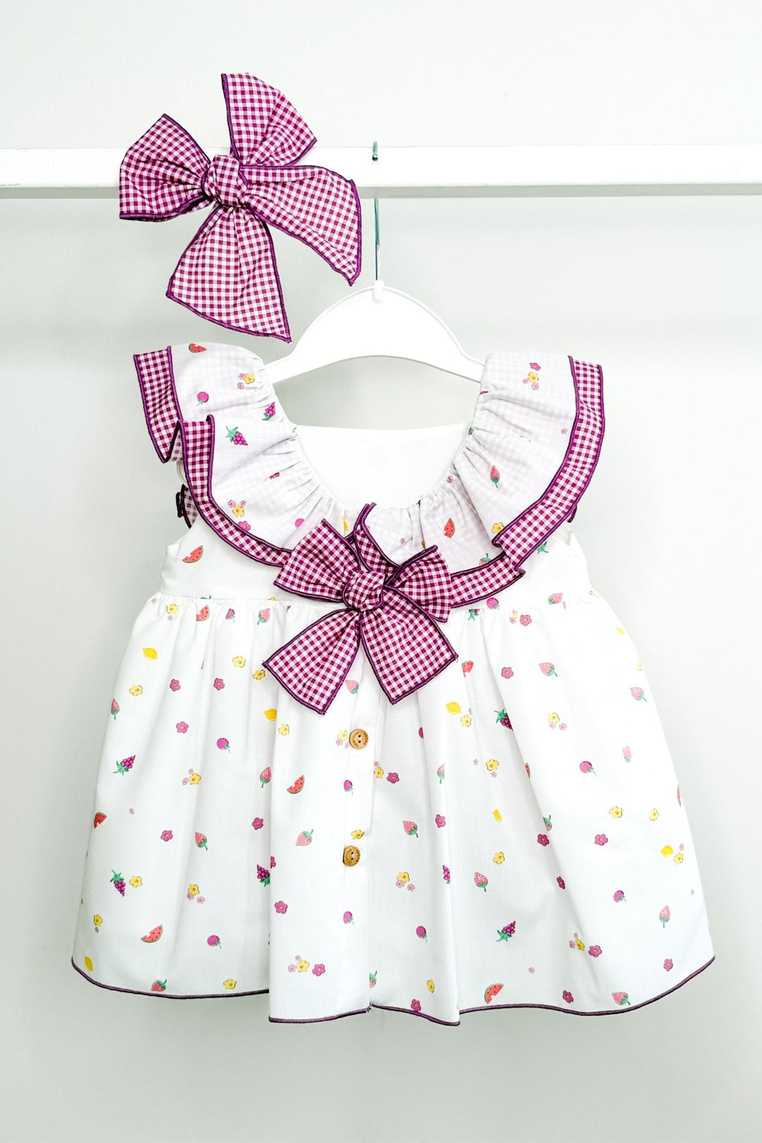 Valentina Bebés "Vera" Purple Gingham Fruit Dress &amp; Bloomers - Millie and John