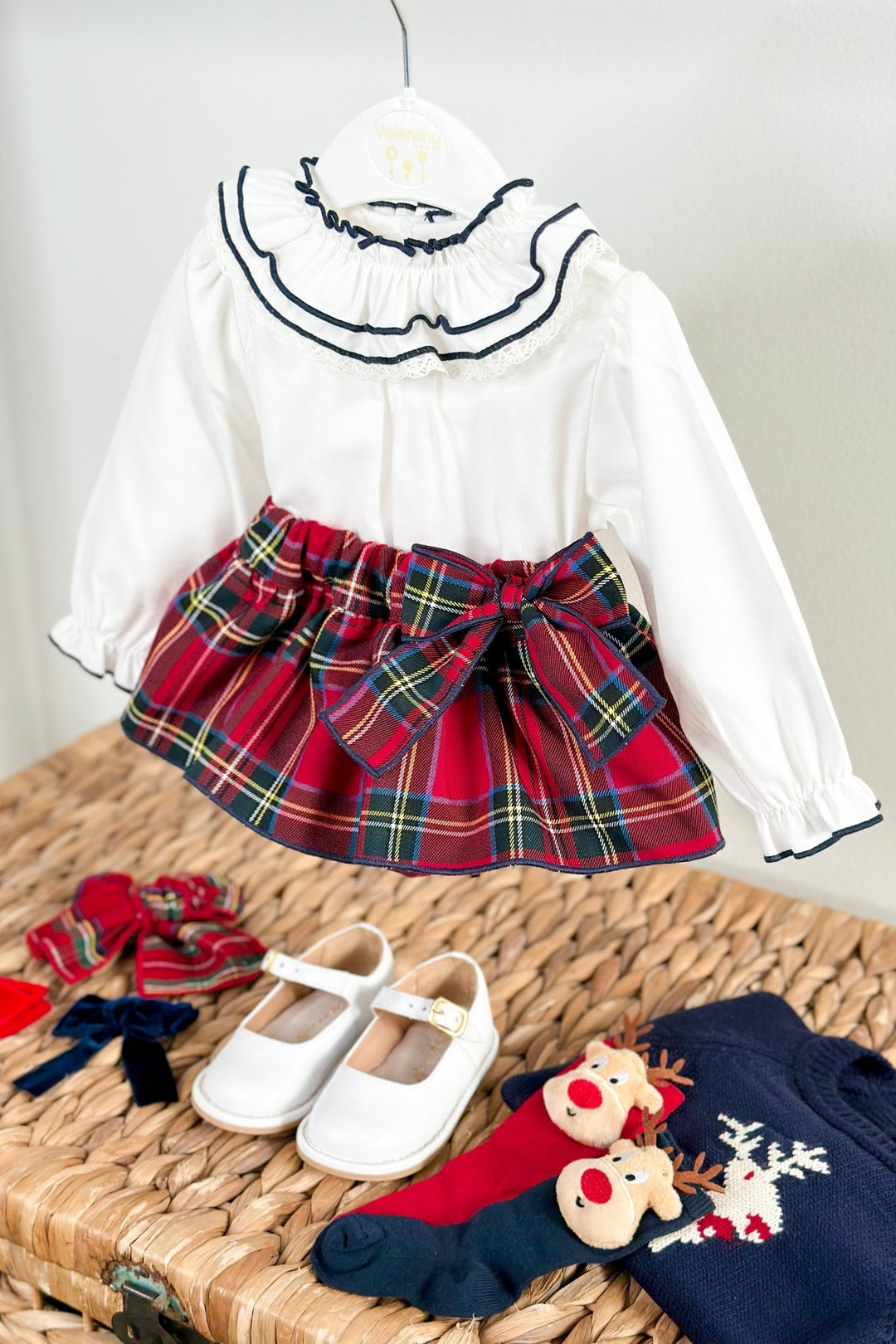 Valentina Bebés "Willow" Navy Reindeer Jumper, Blouse & Red Tartan Skort - Millie and John