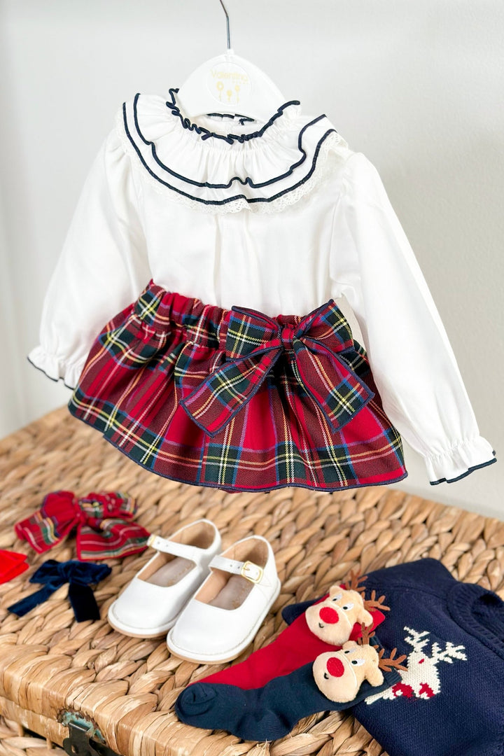 Valentina Bebés "Willow" Navy Reindeer Jumper, Blouse & Red Tartan Skort - Millie and John