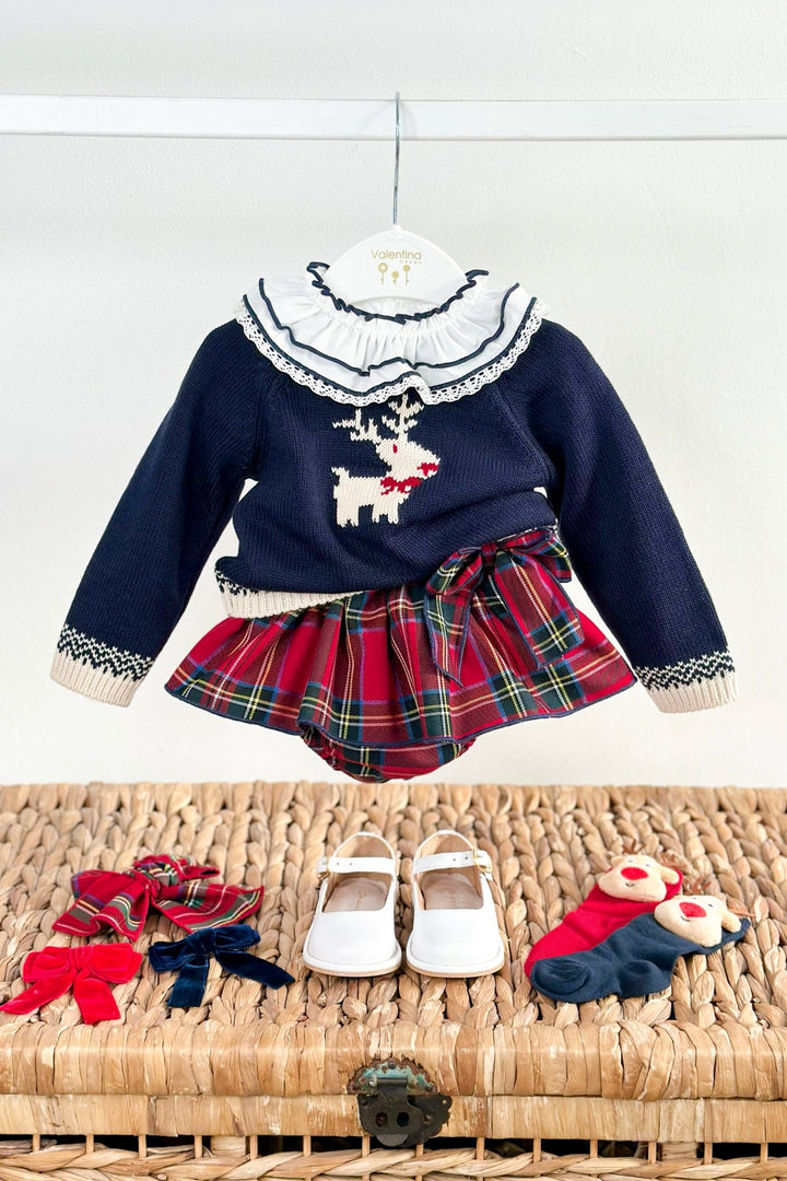 Valentina Bebés "Willow" Navy Reindeer Jumper, Blouse & Red Tartan Skort - Millie and John