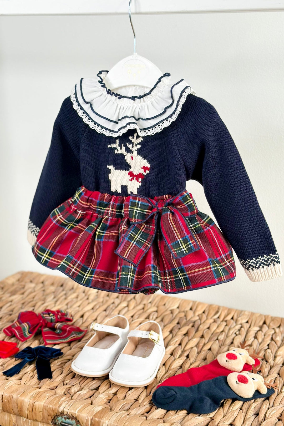Valentina Bebés "Willow" Navy Reindeer Jumper, Blouse & Red Tartan Skort - Millie and John