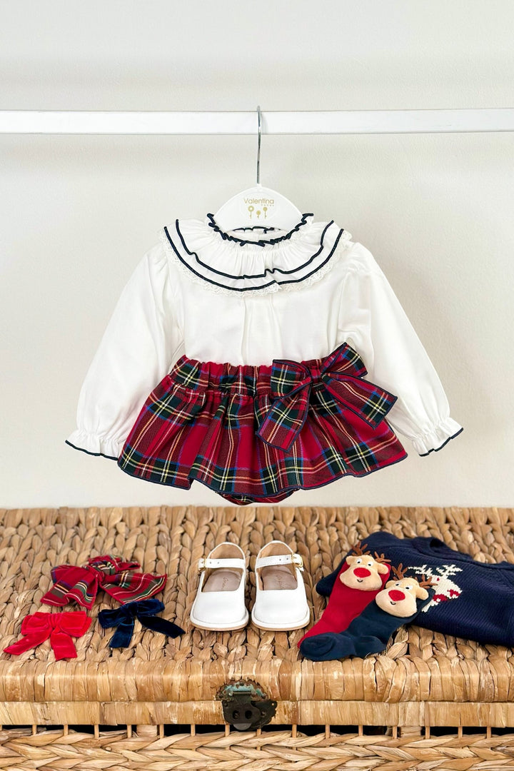 Valentina Bebés "Willow" Navy Reindeer Jumper, Blouse & Red Tartan Skort - Millie and John