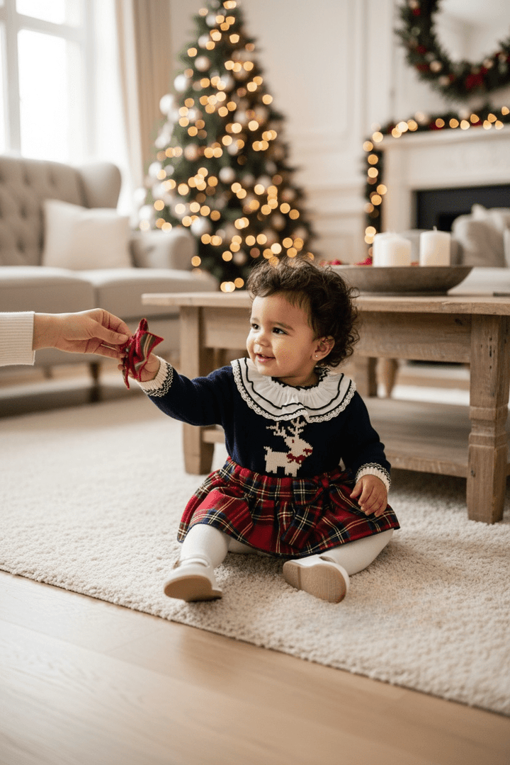 Valentina Bebés "Willow" Navy Reindeer Jumper, Blouse & Red Tartan Skort - Millie and John