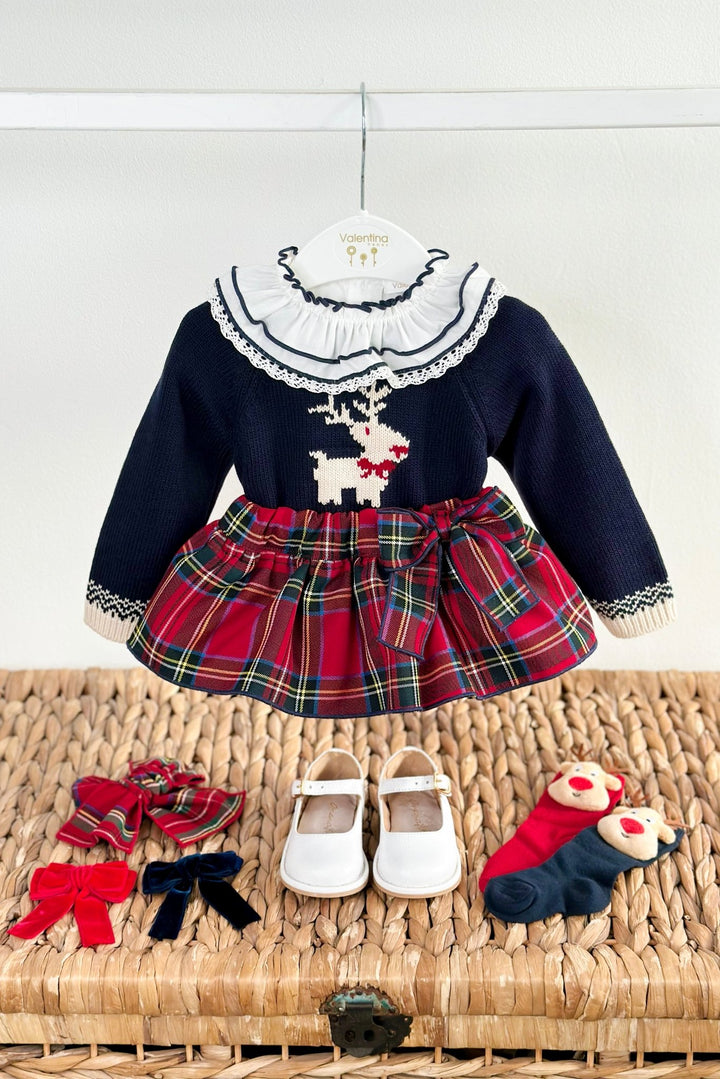 Valentina Bebés "Willow" Navy Reindeer Jumper, Blouse & Red Tartan Skort - Millie and John