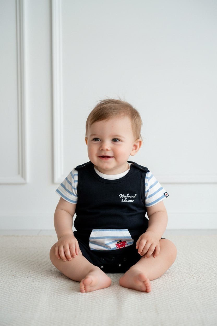 Week - end à la Mer "Colton" Blue Striped Tee & Navy Dungarees - Millie and John