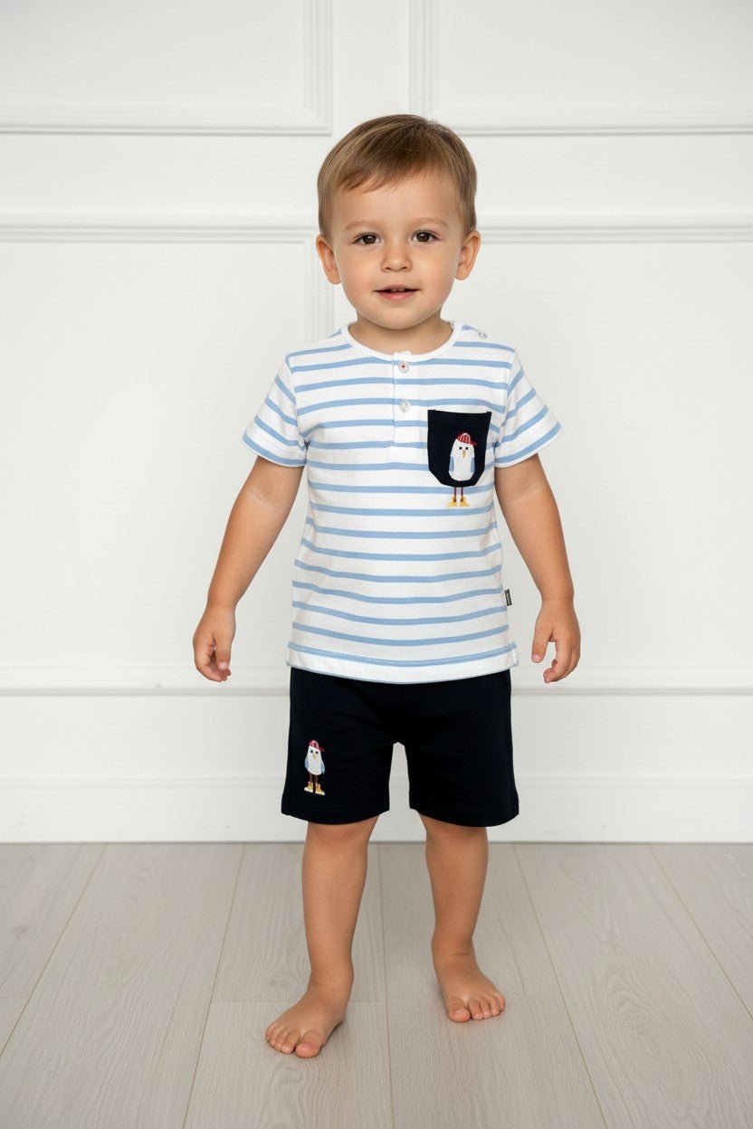 Week - end à la Mer "Finnegan" Blue Striped Tee & Navy Shorts - Millie and John