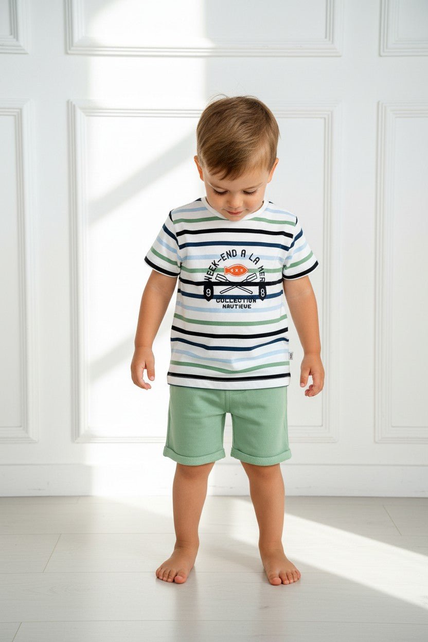 Week - end à la Mer "Shiloh" Sage, Navy & Blue Striped T-Shirt & Shorts - Millie and John
