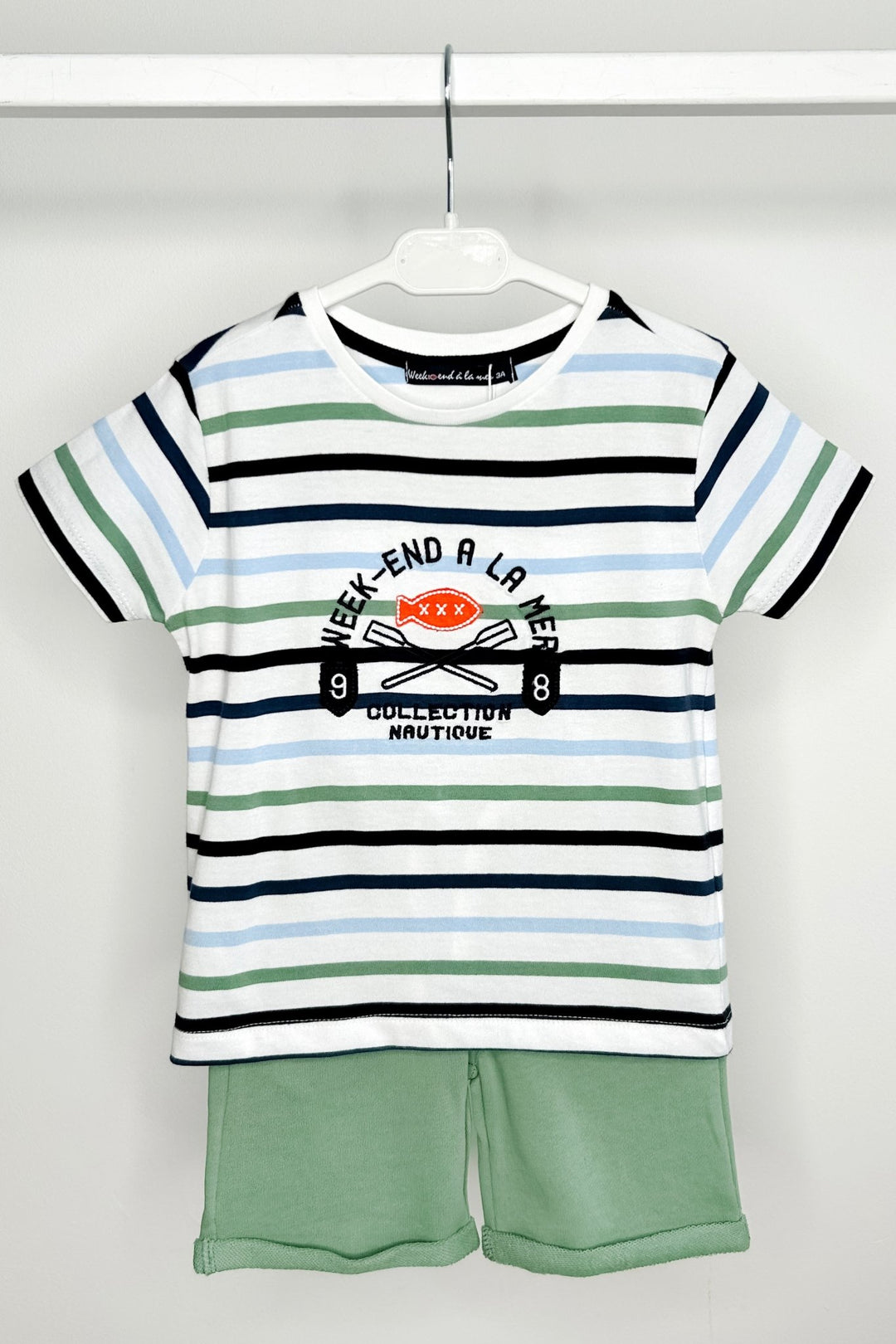 Week - end à la Mer "Shiloh" Sage, Navy & Blue Striped T-Shirt & Shorts - Millie and John