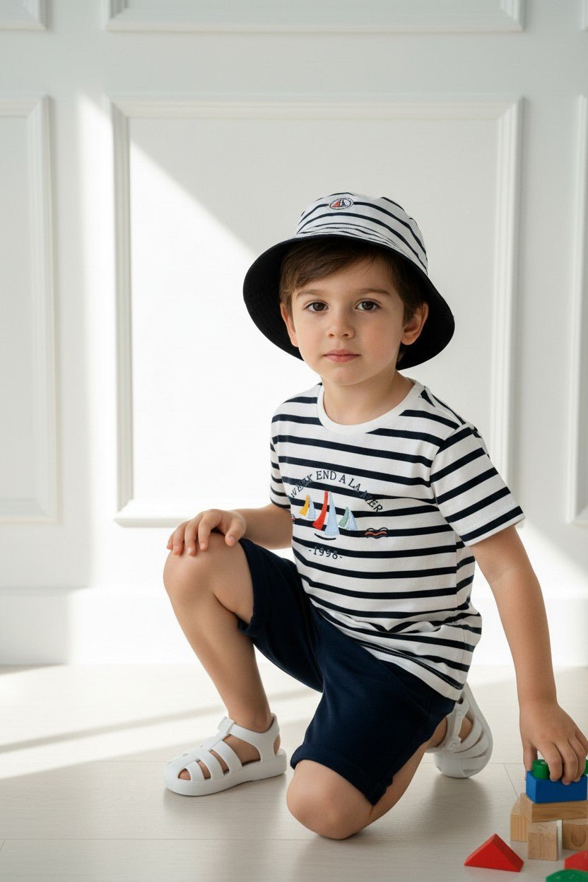Week - end à la Mer "Vincent" Navy Striped Sailboat T-Shirt & Shorts - Millie and John