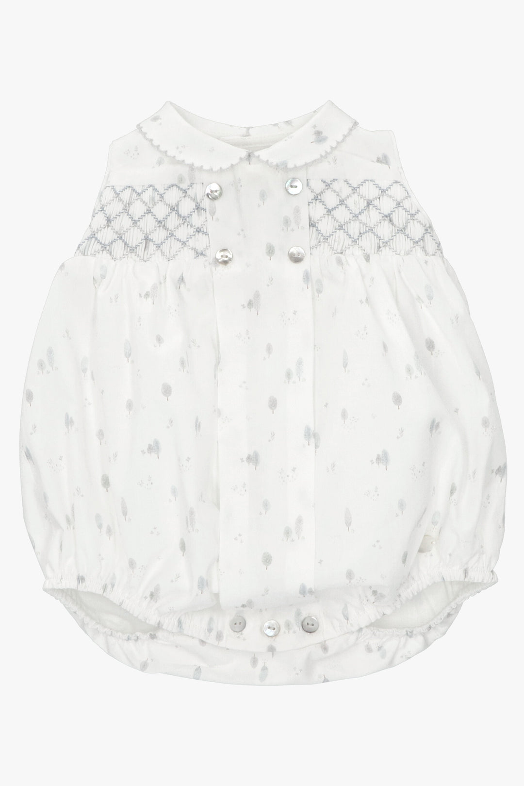 Martín Aranda "Kori" Light Grey Tree Print Smocked Romper | Millie and John