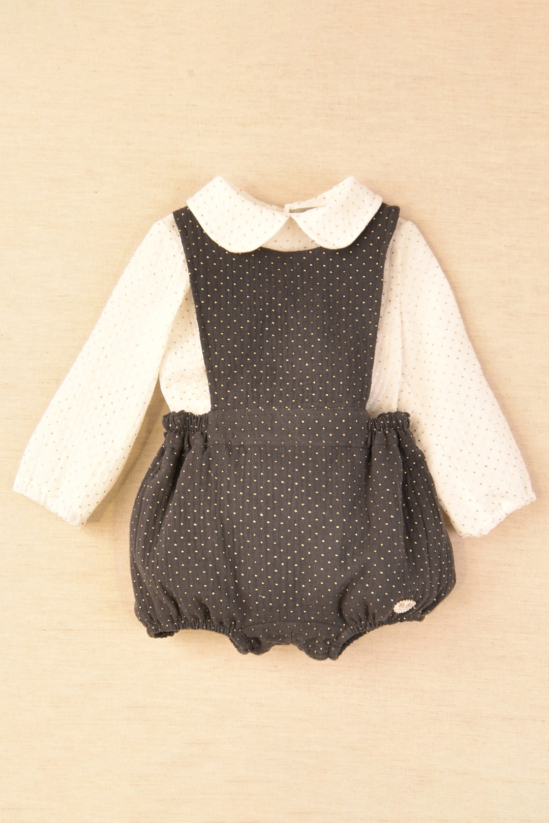 José Varón "Sebastian" Charcoal & Gold Polka Dot Romper Set | Millie and John