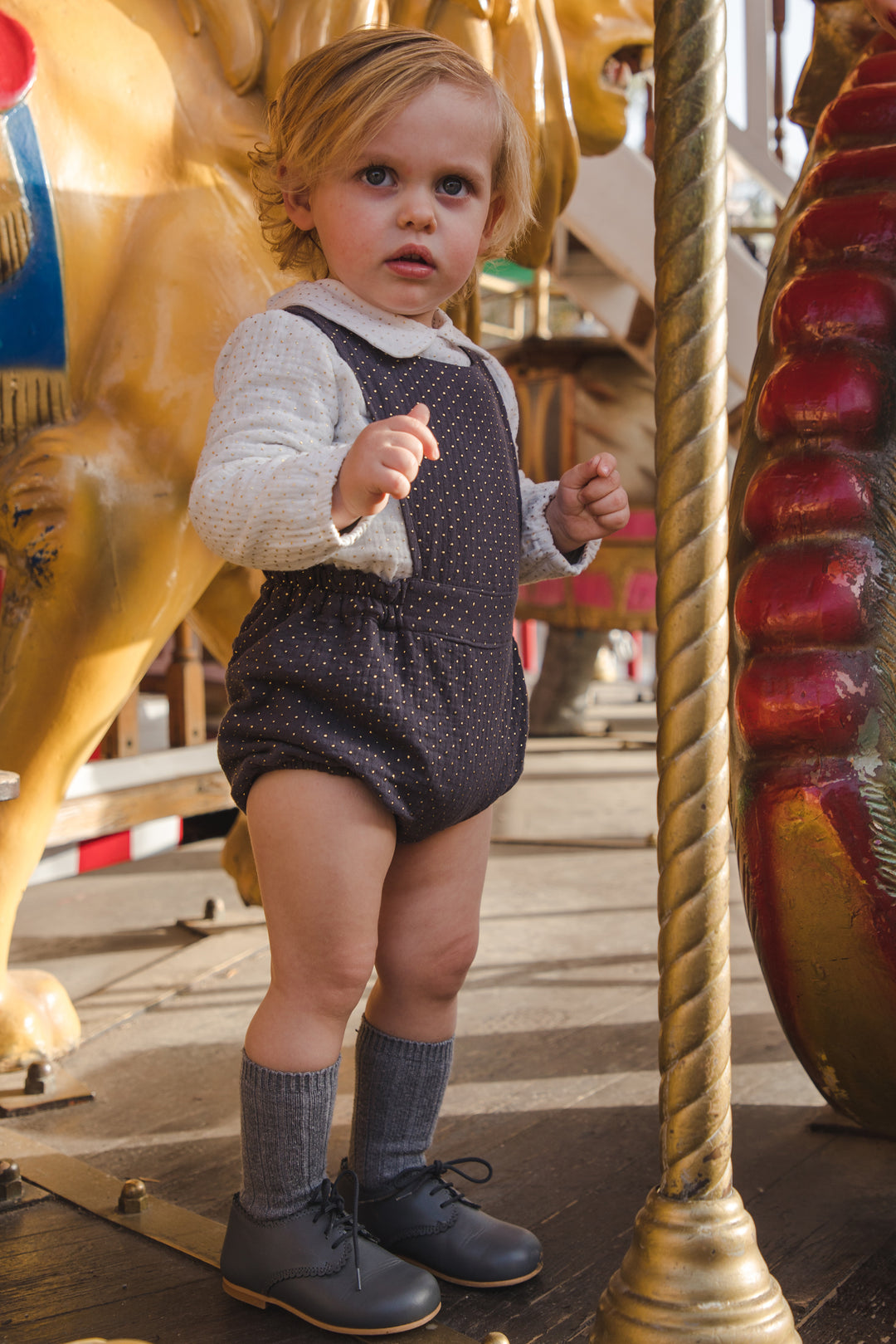 José Varón "Sebastian" Charcoal & Gold Polka Dot Romper Set | Millie and John