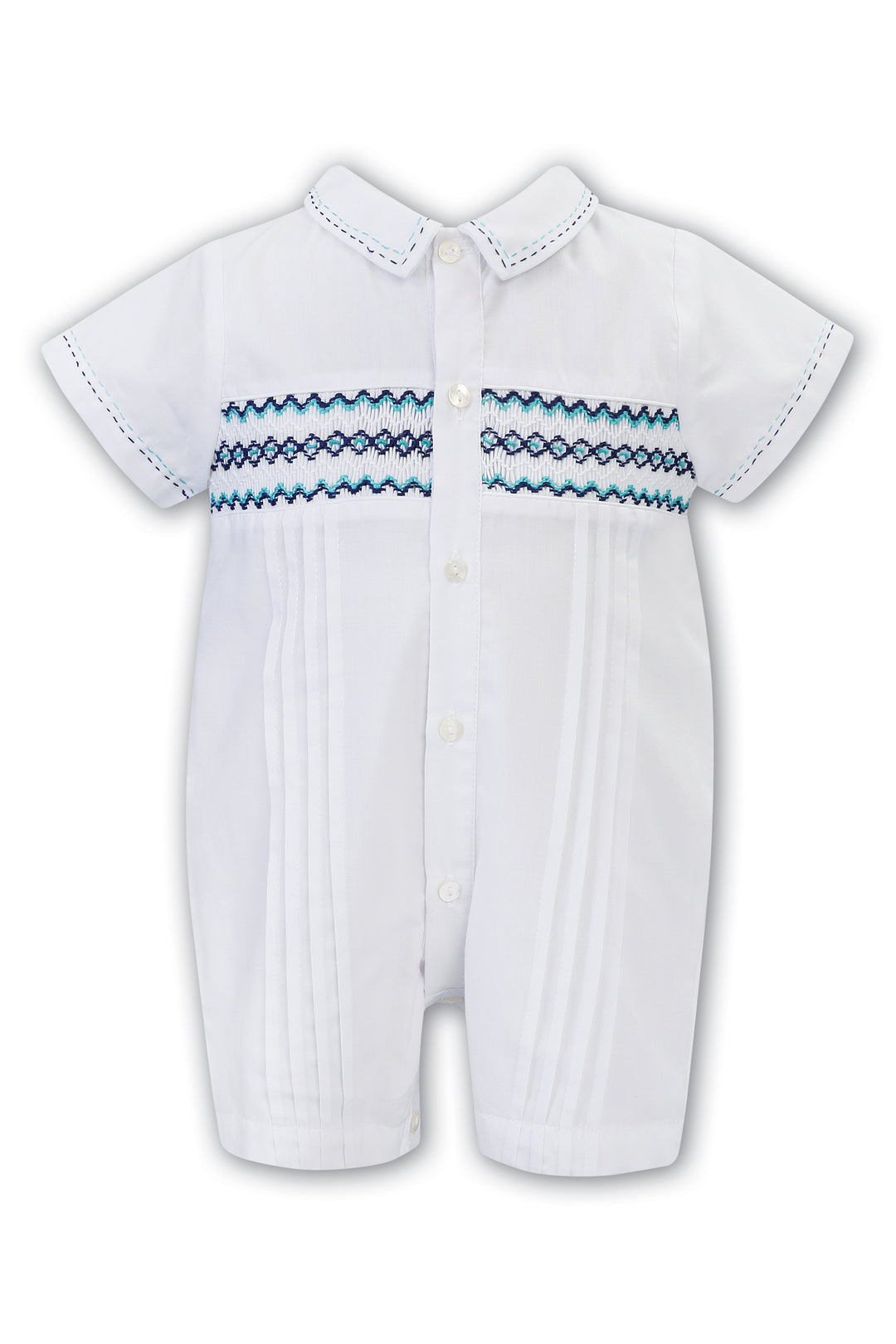 Sarah Louise "Reuben" White, Turquoise & Navy Smocked Romper | Millie and John