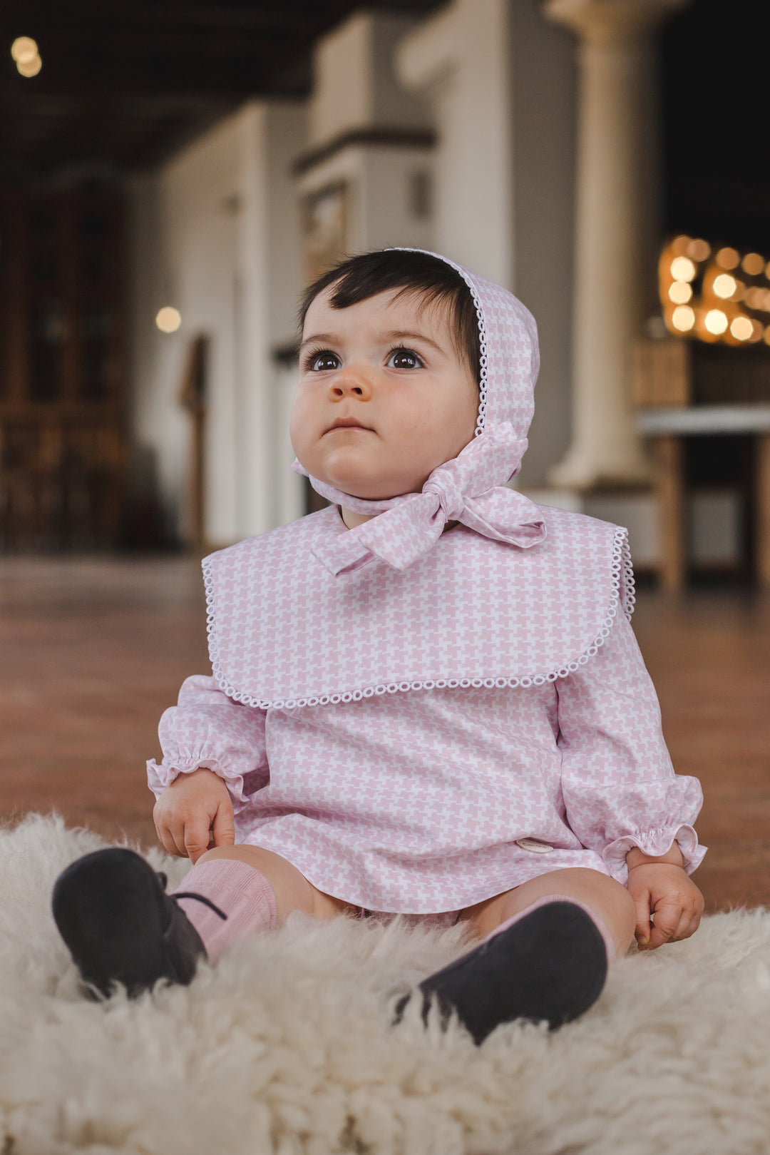 Cocote "Emmeline" Pink Houndstooth Dress, Bloomers & Bonnet | Millie and John