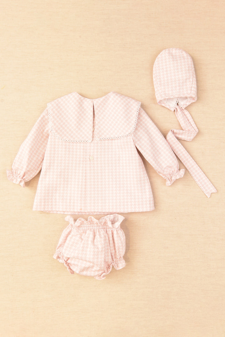 Cocote "Emmeline" Pink Houndstooth Dress, Bloomers & Bonnet | Millie and John