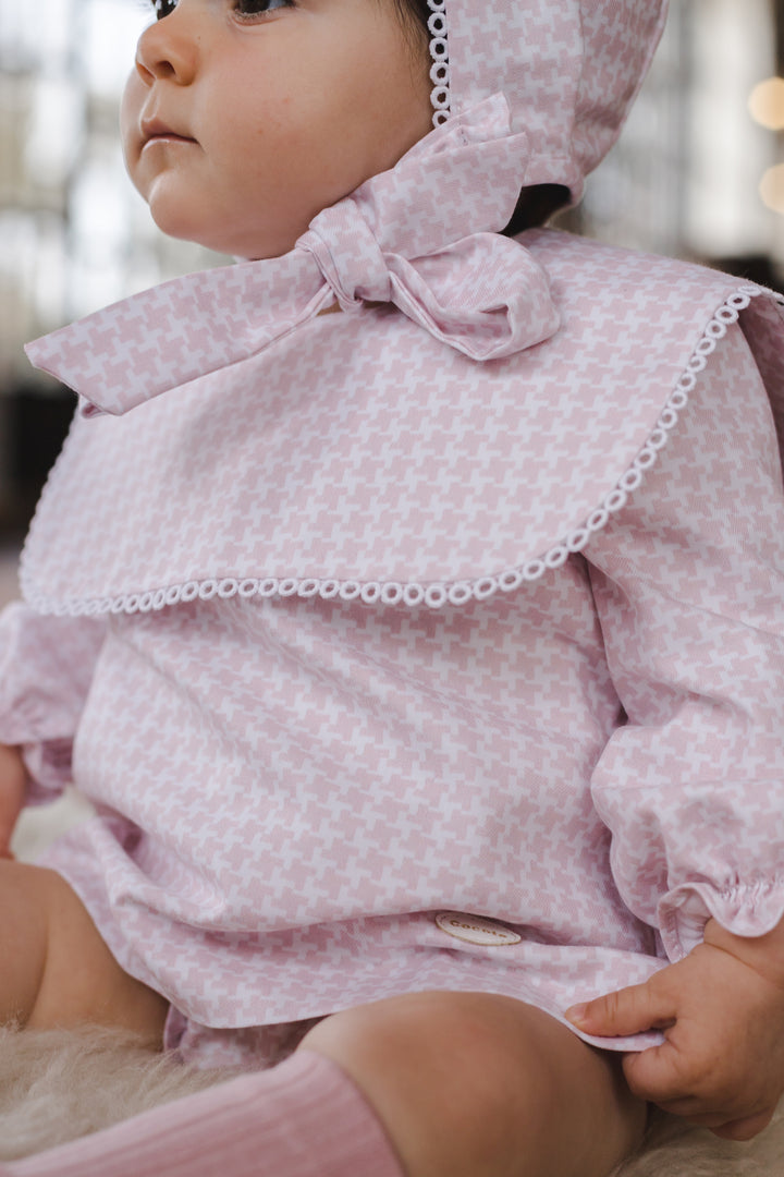 Cocote "Emmeline" Pink Houndstooth Dress, Bloomers & Bonnet | Millie and John