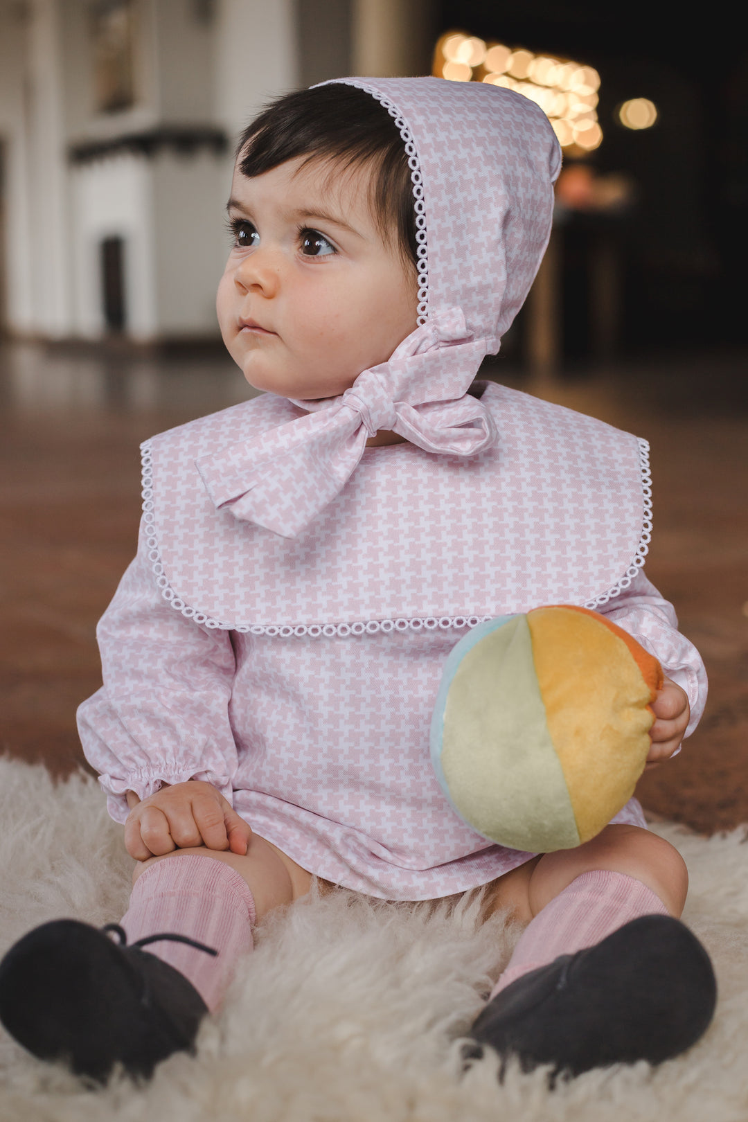 Cocote "Emmeline" Pink Houndstooth Dress, Bloomers & Bonnet | Millie and John