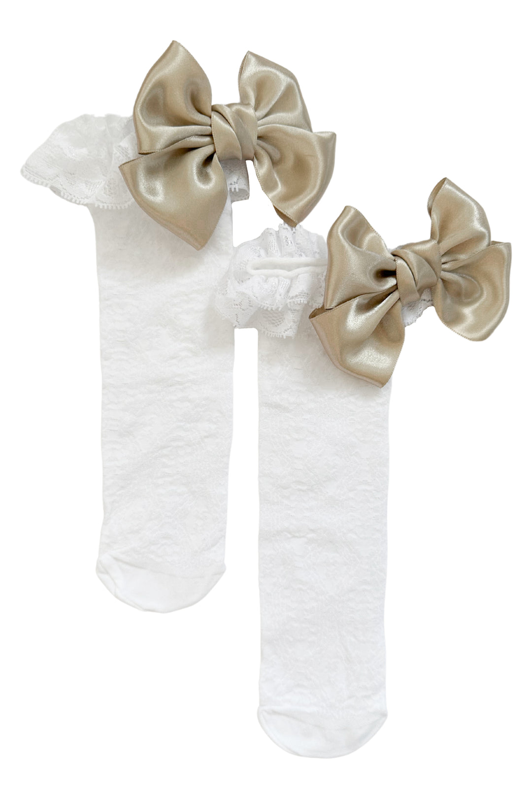 Meia Pata White Lace Knee High Socks - Champagne Bow | Millie and John