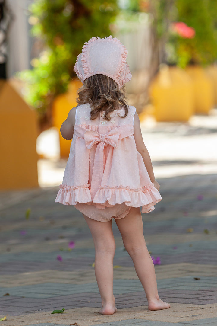 Dulce Nena "Peaches" Pink Plumeti Dot Dress & Bloomers | Millie and John