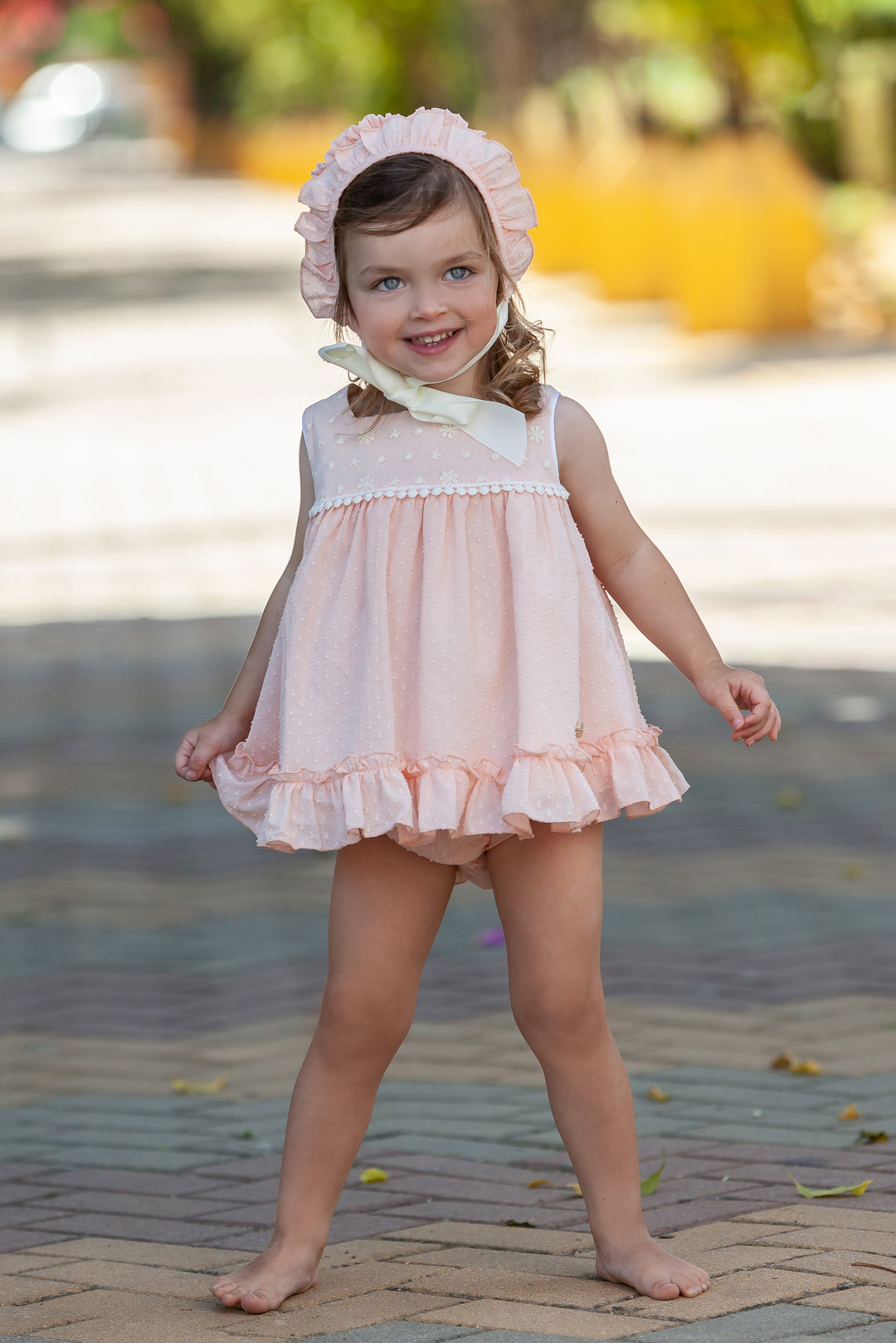 Dulce Nena "Peaches" Pink Plumeti Dot Dress & Bloomers | Millie and John
