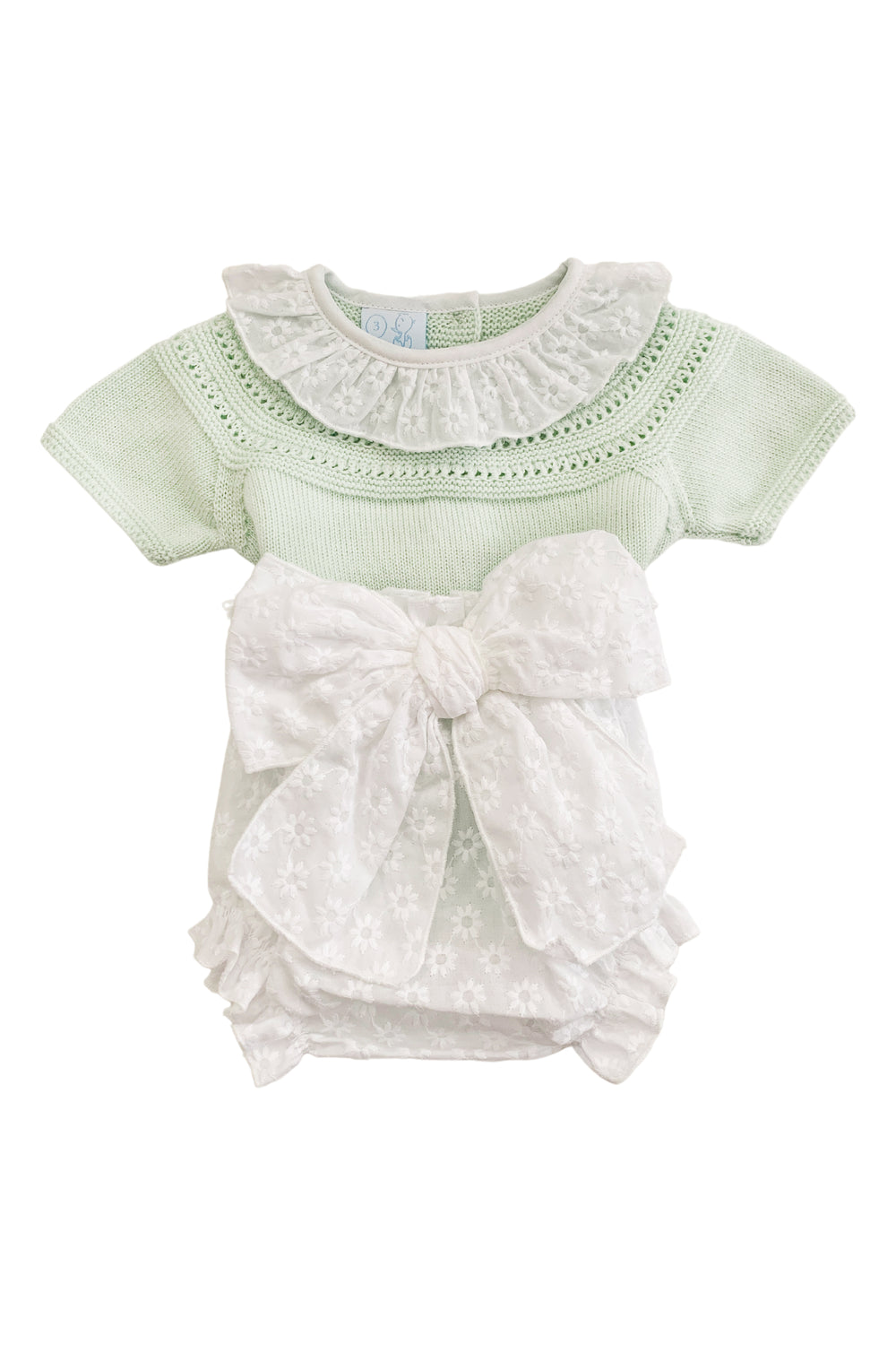Granlei "Indie" Pastel Green Knit Top & White Bow Bloomers | Millie and John