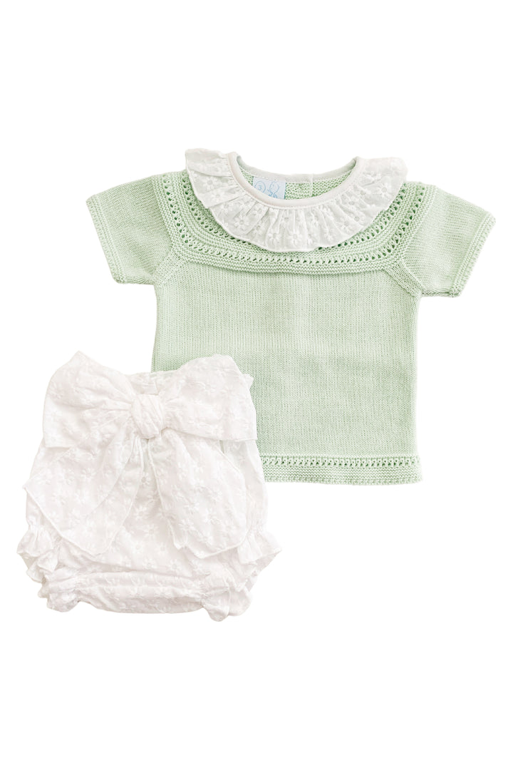 Granlei "Indie" Pastel Green Knit Top & White Bow Bloomers | Millie and John
