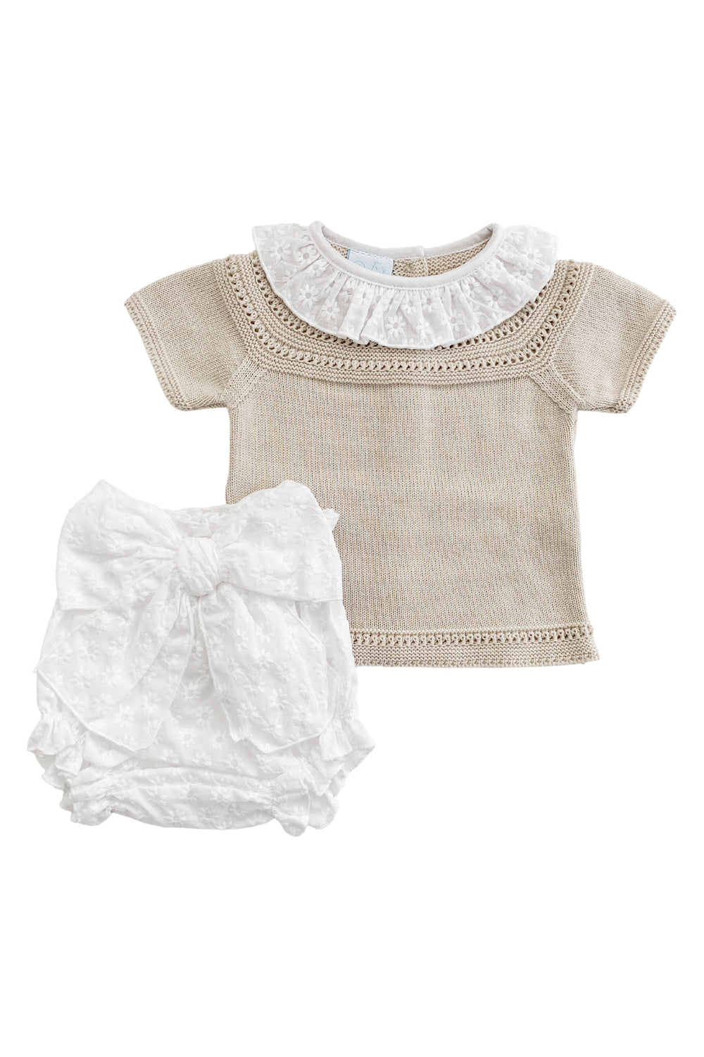 Granlei "Indie" Stone Knit Top & White Bow Bloomers | Millie and John