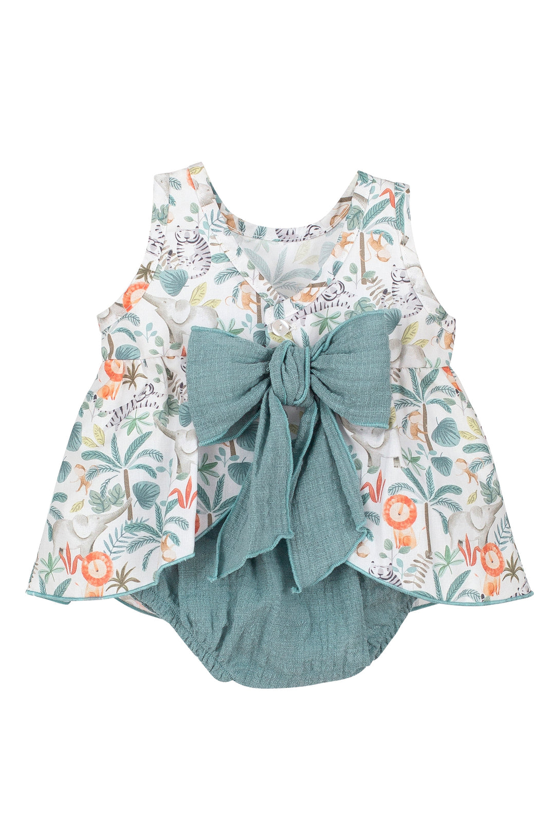 Calamaro "Orelia" Teal Jungle Print Dress & Bloomers | Millie and John