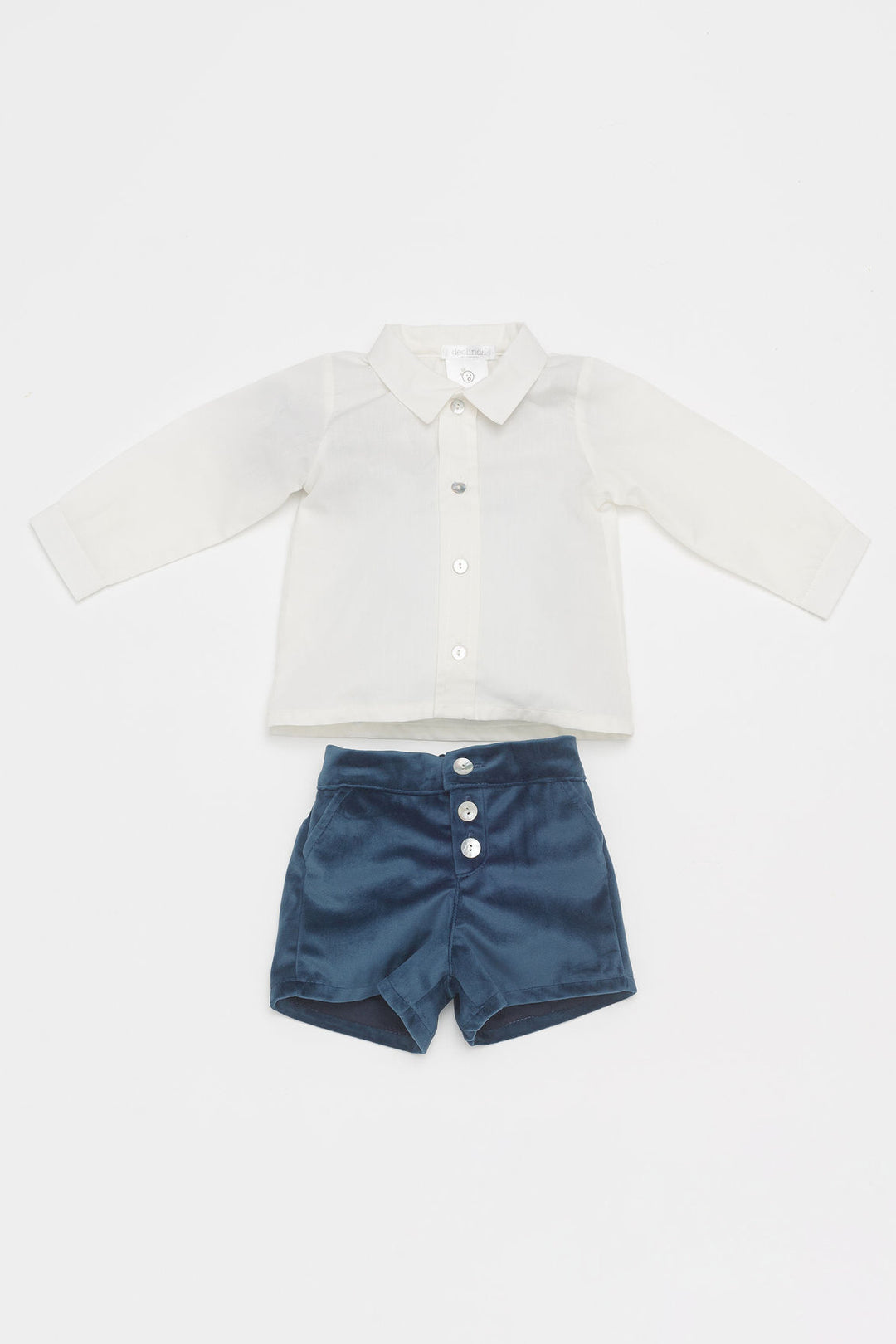 Deolinda "Lucian" White Shirt & Navy Velvet Shorts | Millie and John