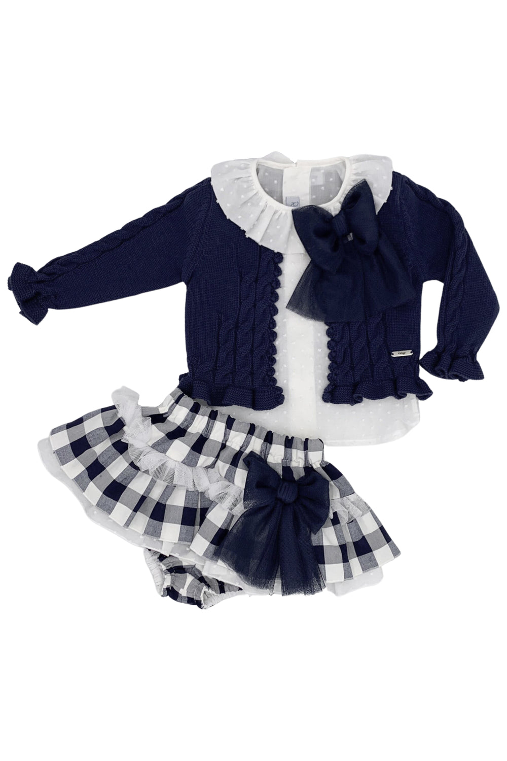 Rahigo "Imogen" Navy Gingham Cardigan, Blouse & Skirt | Millie and John