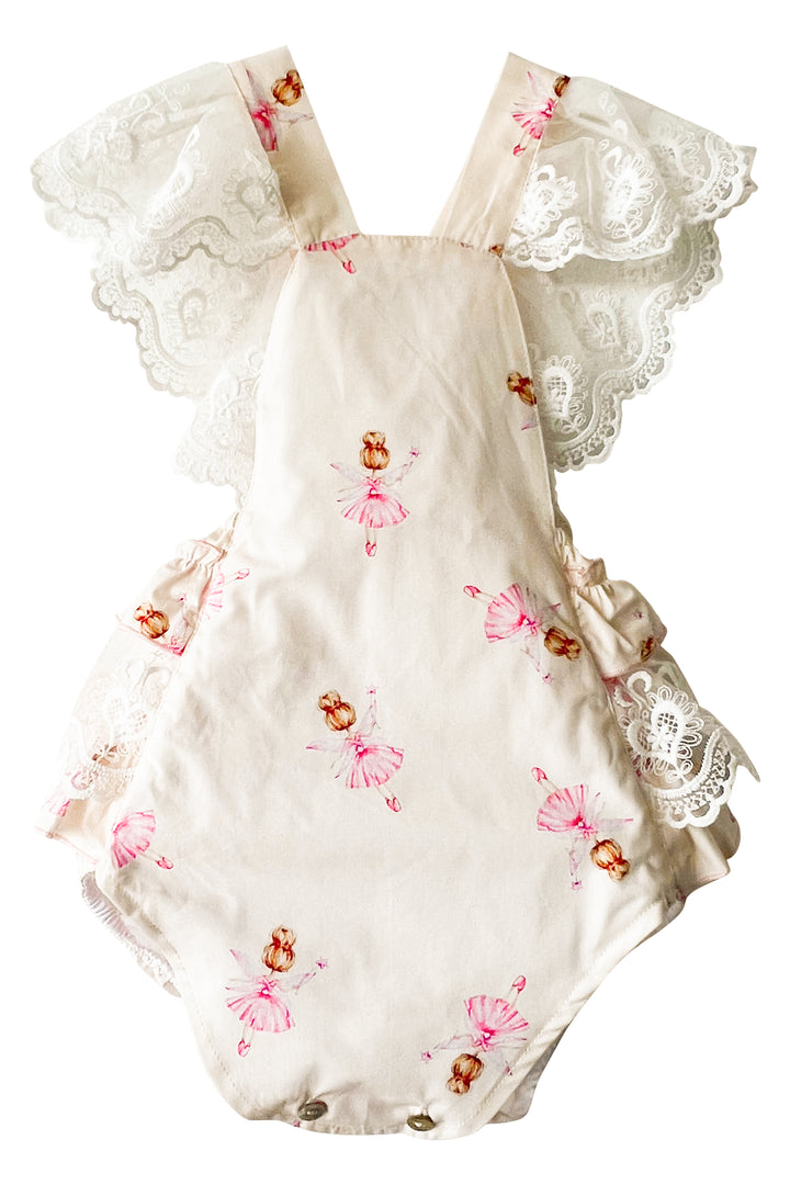 Phi "Peaches" Pink Fairy Print Lace Dungaree Romper | Millie and John